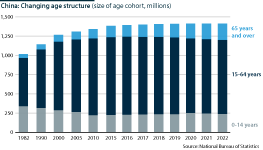 A bar chart showing China's changing age structure (size of age cohort, millions)