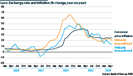 Chart showing the year-on-year percentage change in the exchange rate and consumer price inflation since 2020