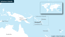 A locator map of the Solomon Islands, with key locations and nearby countries