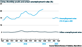 A line graph showing China's monthly youth and urban unemployment rates