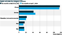 Apple's net sales by category (USDmn) in the first six months of 2023 and 2024