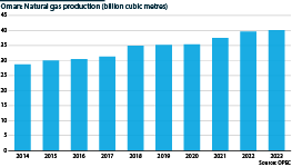 Oman's natural gas production (tn standard cubic metres)