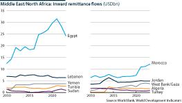 Middle Eastern and North African inward remittance flows (USDbn)