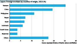 A pie chart showing the shares of foreign workers in Japan by country of origin