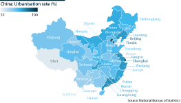 China latest rates of urbanisation by area, % share