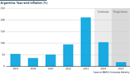 Argentina: Year-end inflation, 2019-25 (% year-on-year)