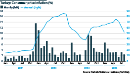 Annual and monthly consumer price inflation in Turkey