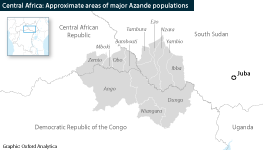 Approximate areas of major Azande populations in CAR, DRC and South Sudan