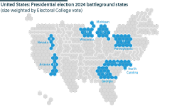 A hex map of Presidential election 2024 battleground states, size weighted by Electoral College vote