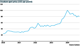 Sot price of uranium from 2020 to latest month of 2024