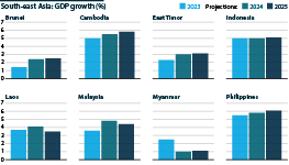 Chart showing GDP growth in South-east Asian countries in 2023 and related projections for 2024 and 2025