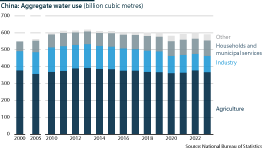 A bar chart showing aggregate water use in China (billions of cubic metres)