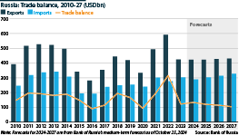 Russia's trade surplus has narrowed since the record high of 2022