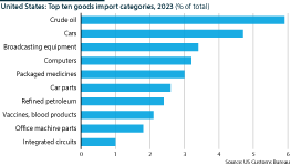 Top ten United States goods import categories, 2023