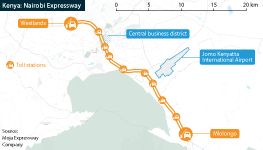 Map of Kenya's Nairobi Expressway showing key locations