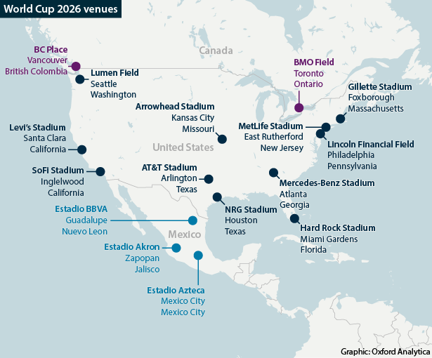 The majority of venues for the 2026 are in the United States, with three in Mexico and two in Canada